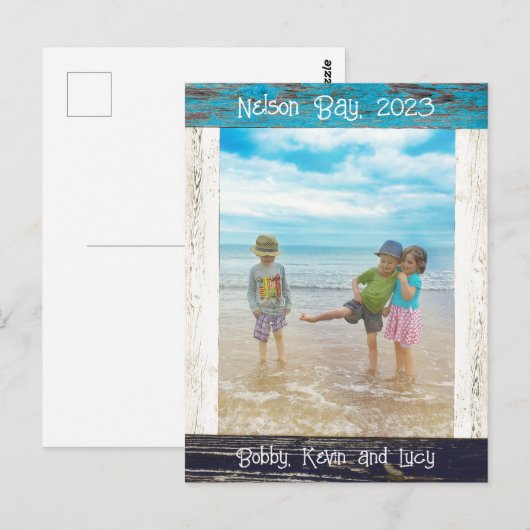 Rustic Blue White Beach Wood Photo Frame Postkarte (Vorne/Hinten)
