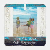 Rustic Blue White Beach Wood Text Photo Frame Ornament Aus Metall (Rückseite)