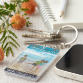 Rustic Blue White Beach Wood Text Photo Frame Schlüsselanhänger (Vorderseite rechts)