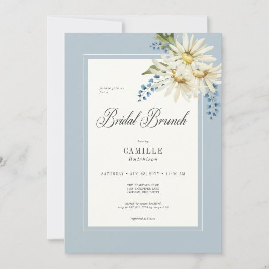 Rustic Blue & White Daisies Bridal Brunch Einladung (Vorderseite)
