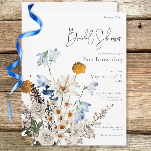 Rustic Blue Wildblumen & Daisies Brautparty Einladung