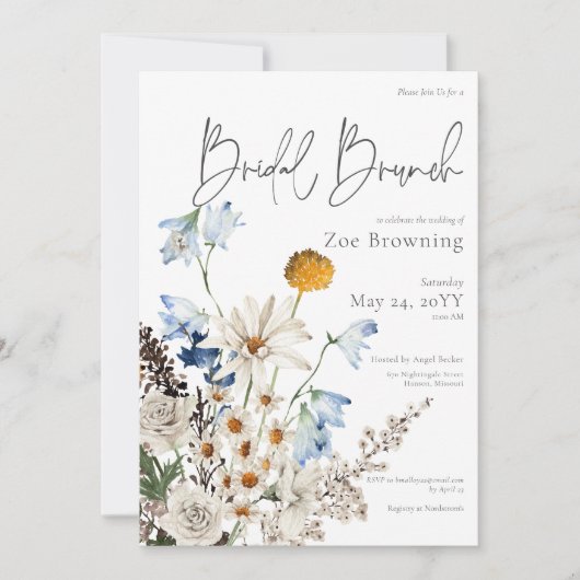 Rustic Blue Wildblumen & Daisies Bridal Brunch Einladung (Vorderseite)