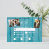 Rustic Blue Wood 3 Fotos Hochzeit RSVP Cards (Stehend Vorderseite)
