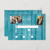 Rustic Blue Wood 3 Fotos Hochzeit RSVP Cards (Vorne/Hinten)