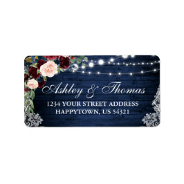 Rustic Blue Wood Burgundy Blue Floral Address Adressaufkleber