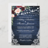 Rustic Blue Wood Burgundy Blue Floral Wedding Einladung (Vorderseite)