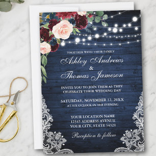 Rustic Blue Wood Burgundy Blue Floral Wedding Einladung
