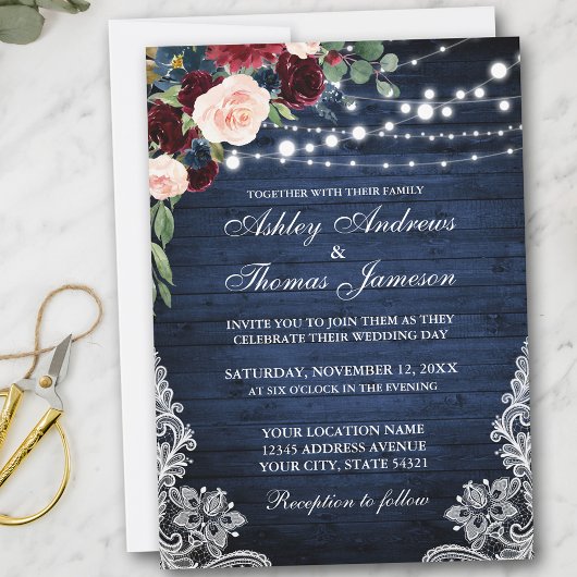 Rustic Blue Wood Burgundy Blue Floral Wedding Einladung