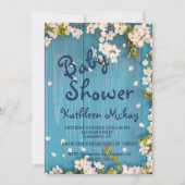 Rustic Blue wood Cherry Blossom Spring Baby Dusche Einladung (Vorderseite)