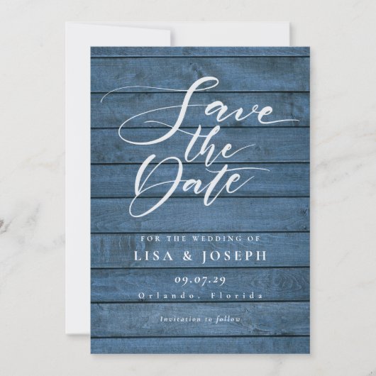 Rustic Blue Wood Elegante Script Wedding Save The Date (Vorderseite)