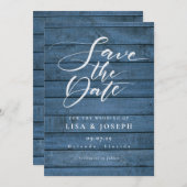 Rustic Blue Wood Elegante Script Wedding Save The Date (Vorne/Hinten)
