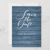 Rustic Blue Wood Elegantes Script Foto Hochzeit Save The Date (Vorderseite)