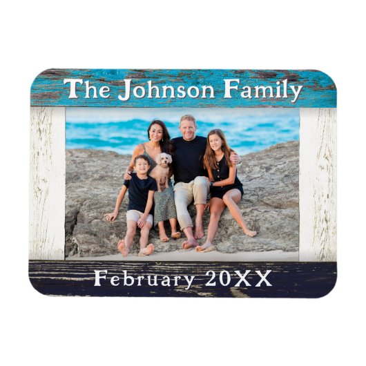 Rustic Blue Wood Family Name Photo Frame Magnet (Horizontal)
