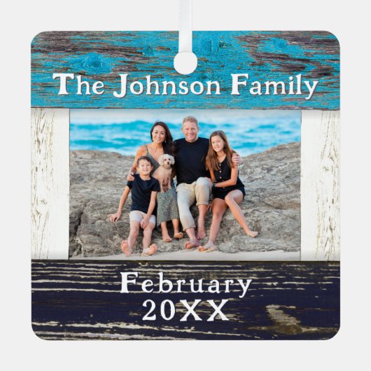 Rustic Blue Wood Family Name Photo Frame Ornament Aus Metall (Vorderseite)