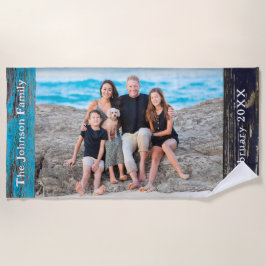 Rustic Blue Wood Family Name Photo Strandtuch