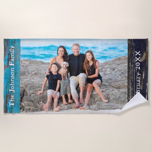 Rustic Blue Wood Family Name Photo Strandtuch (Vorderseite)