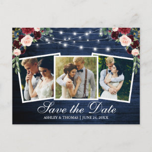 Rustic Blue Wood Floral 3 Foto Save the Date Einladungspostkarte