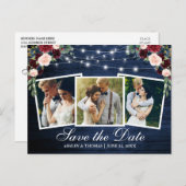 Rustic Blue Wood Floral 3 Foto Save the Date Einladungspostkarte (Vorne/Hinten)