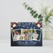 Rustic Blue Wood Floral 3 Foto Save the Date Einladungspostkarte (Stehend Vorderseite)