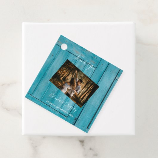 Rustic Blue Wood Foto Wedding Gift Geschenkanhänger (Beispiel)