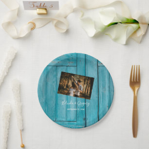 Rustic Blue Wood Foto Wedding Pappteller