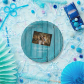 Rustic Blue Wood Foto Wedding Pappteller (Party)