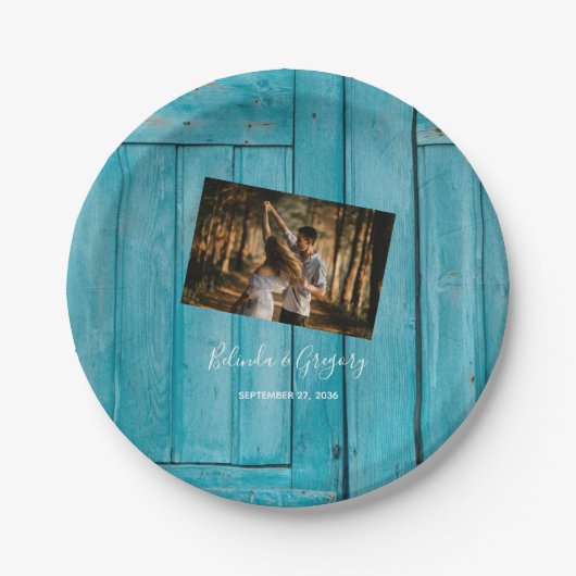 Rustic Blue Wood Foto Wedding Pappteller (Vorderseite)