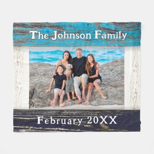 Rustic Blue Wood Frame Family Name  Fleecedecke (Vorderseite (Horizontal))