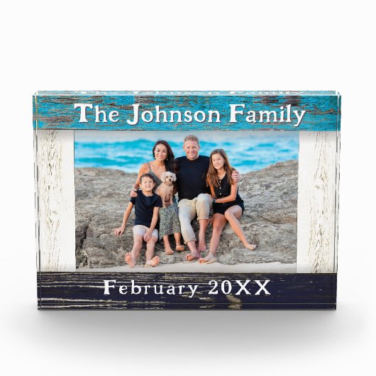 Rustic Blue Wood Frame Family Name  Fotoblock (Vorderseite)