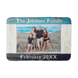 Rustic Blue Wood Frame Family Name Photo Badematte