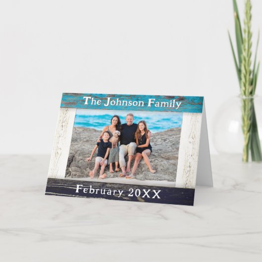 Rustic Blue Wood Frame Family Name Photo Karte (Vorderseite)