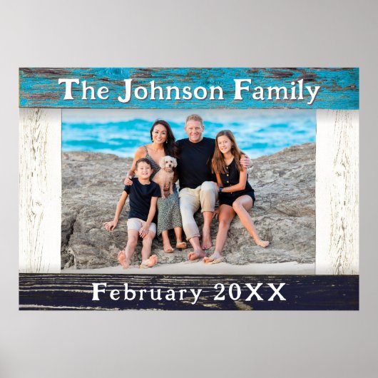 Rustic Blue Wood Frame Family Name Photo Poster (Vorne)