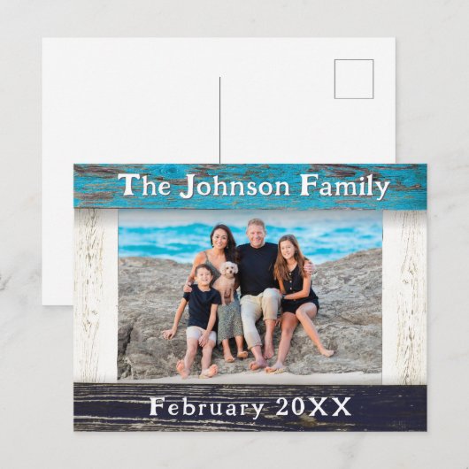 Rustic Blue Wood Frame Family Name Photo Postkarte (Vorne/Hinten)