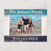 Rustic Blue Wood Frame Family Name Photo Postkarte (Vorderseite)
