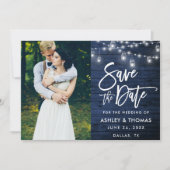 Rustic Blue Wood Jar Lights Brush Script Foto Save The Date (Vorderseite)