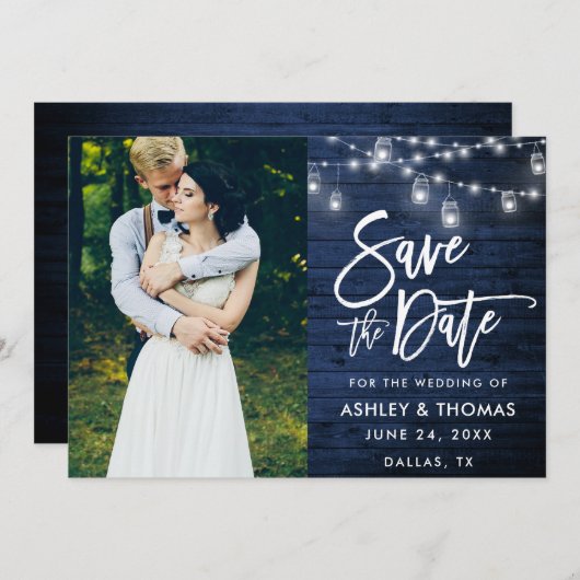 Rustic Blue Wood Jar Lights Brush Script Foto Save The Date (Vorne/Hinten)