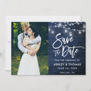 Rustic Blue Wood Jar Lights Brush Script Foto Save The Date