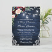 Rustic Blue Wood Jars Burgundy Blue Floral Wedding Einladung (Stehend Vorderseite)