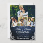 Rustic Blue Wood Lace 4 Foto Wedding Einladung (Vorderseite)
