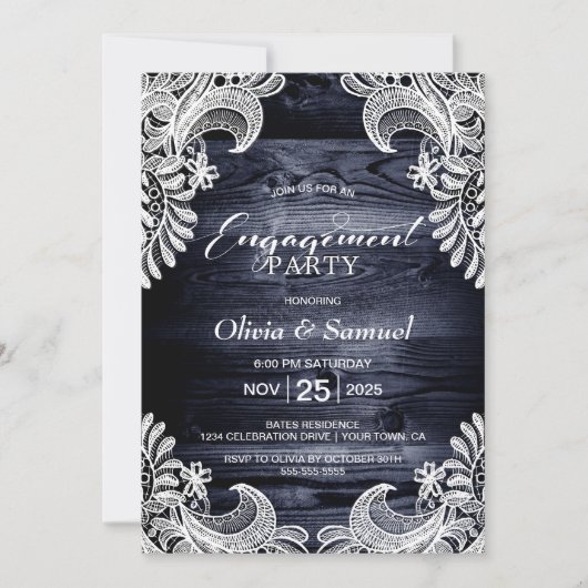 Rustic Blue Wood Lace Engagement Party Einladung (Vorderseite)