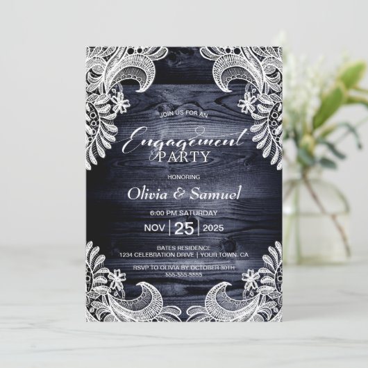 Rustic Blue Wood Lace Engagement Party Einladung (Stehend Vorderseite)