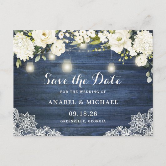 Rustic Blue Wood Lace Mason Jar Save the Date Ankündigungspostkarte (Vorderseite)