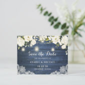 Rustic Blue Wood Lace Mason Jar Save the Date Ankündigungspostkarte (Stehend Vorderseite)