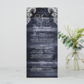 Rustic Blue Wood Lace Wedding Menükarte (Stehend Vorderseite)