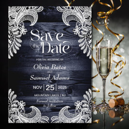 Rustic Blue Wood Lace Wedding Save The Date