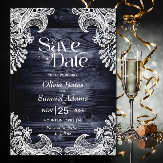 Rustic Blue Wood Lace Wedding Save The Date