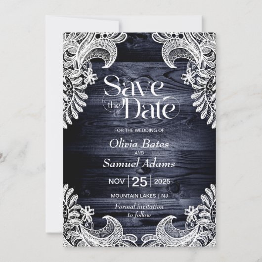 Rustic Blue Wood Lace Wedding Save The Date (Vorderseite)