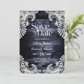 Rustic Blue Wood Lace Wedding Save The Date (Stehend Vorderseite)