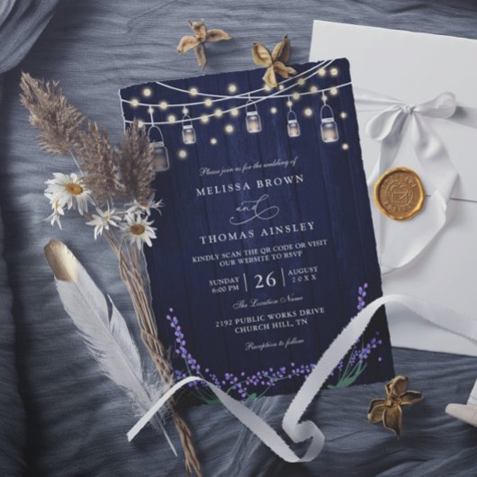 Rustic Blue Wood Lavender Elegant QR Code Wedding Einladung