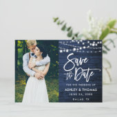 Rustic Blue Wood Lights Brush Script Foto Save The Date (Stehend Vorderseite)
